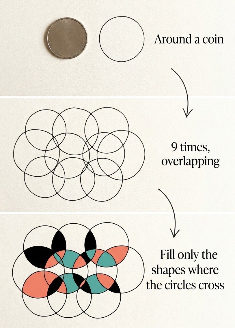 Three steps drawing around a coin nine times and filling only the shapes where the circles cross