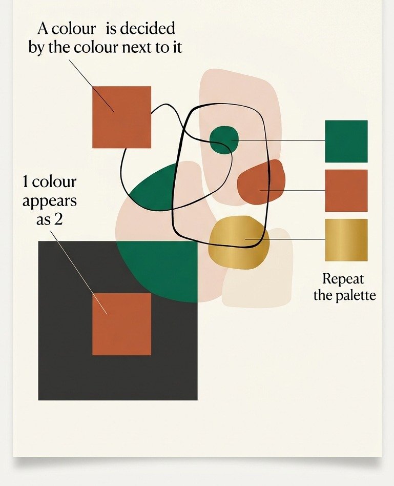 A colour plate showing the same terracotta square on a cream ground and on a charcoal ground