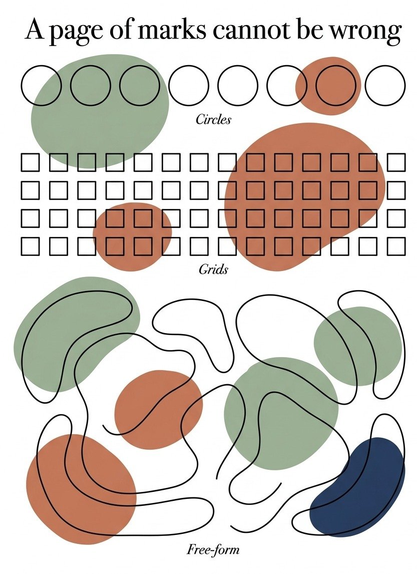 A free abstract drawing worksheet of empty circles, grids and free-form shapes waiting to be filled