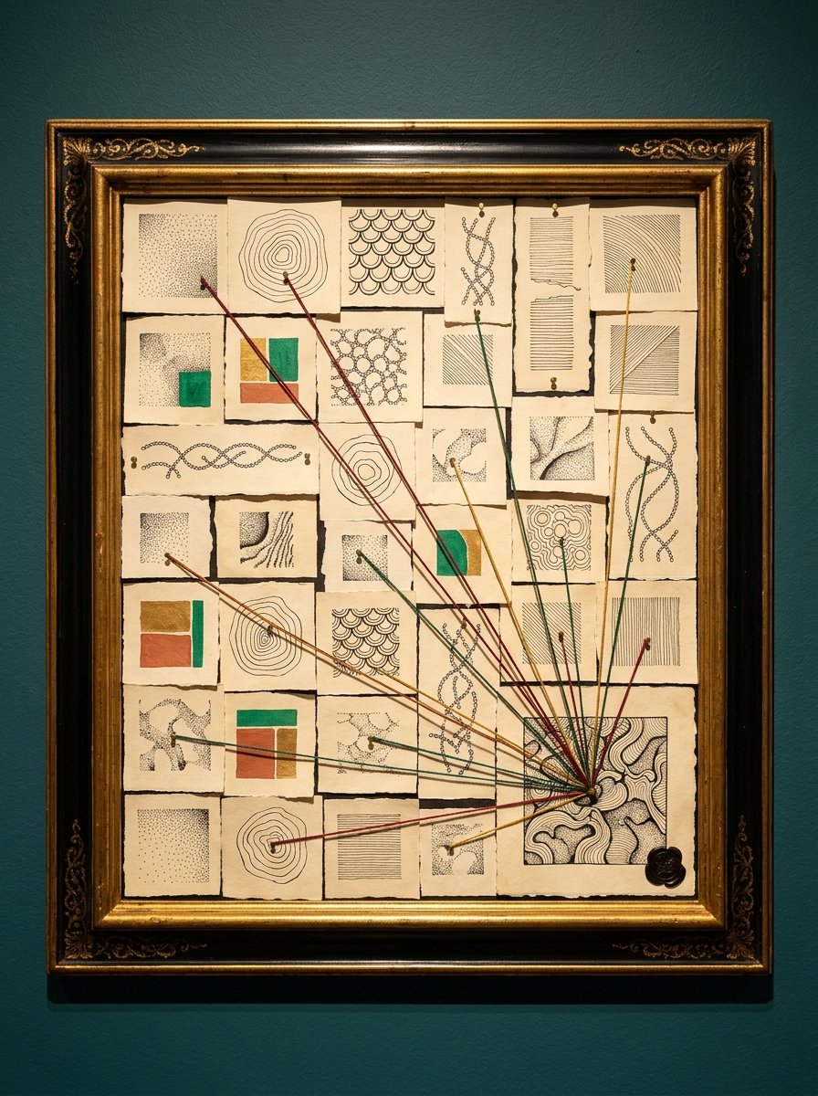 A framed gallery panel of about 30 small abstract ink studies pinned with coloured thread, the cover for 30 abstract drawing ideas for beginners