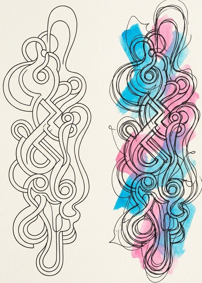 Two versions of one abstract ink composition, one drawn tightly and one drawn loose and blind