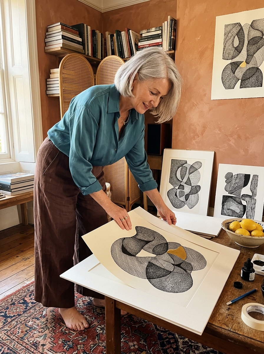 A woman sliding a large abstract ink drawing into a wide mount in a terracotta room