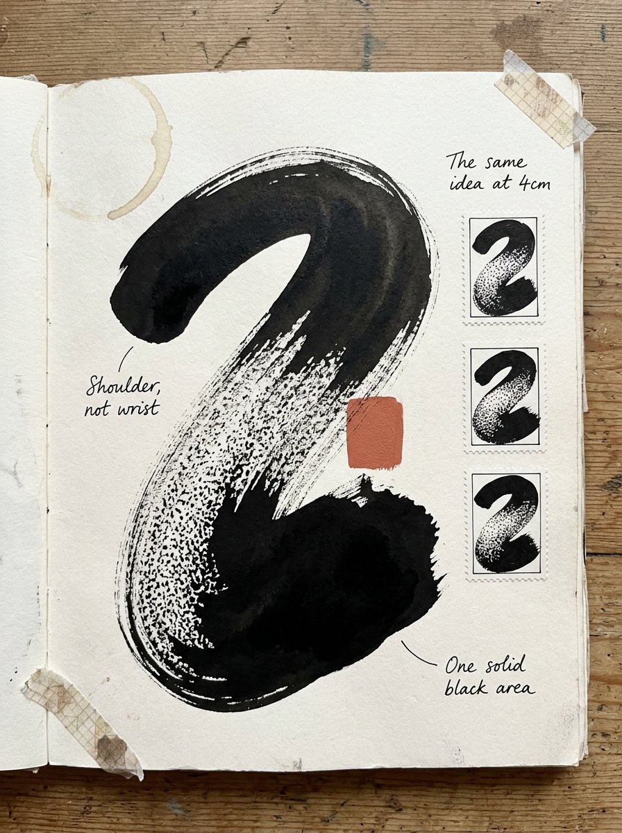 An artist journal page showing one huge abstract ink mark beside three postage-stamp versions of the same composition