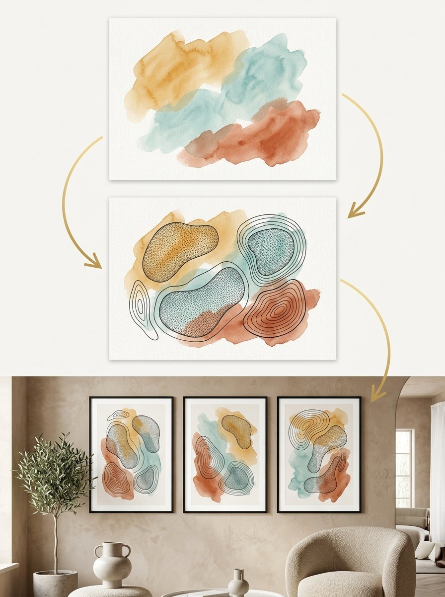 Three finished abstract ink artworks framed and hung as a set above a modern living room