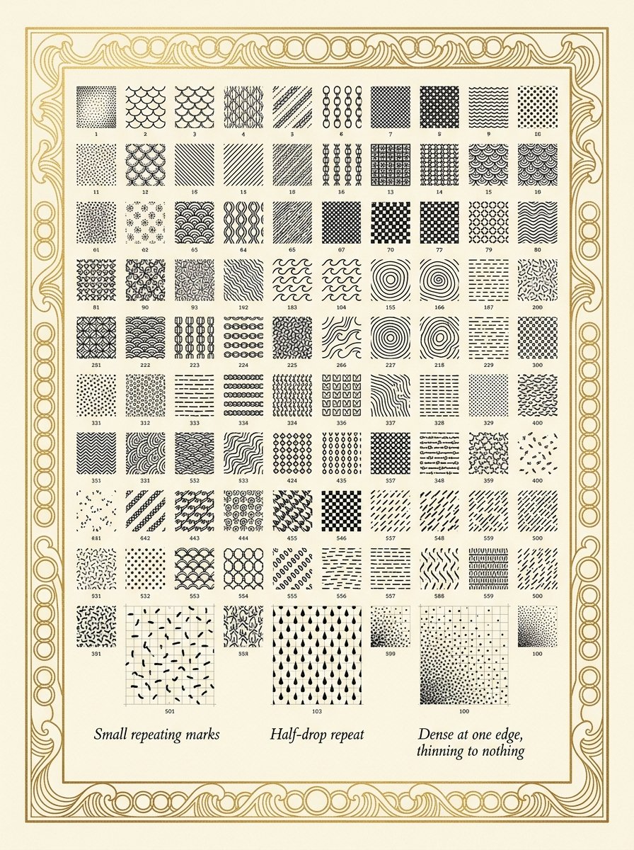 An engraved catalogue plate of 100 small abstract ink fill patterns in a gilded border