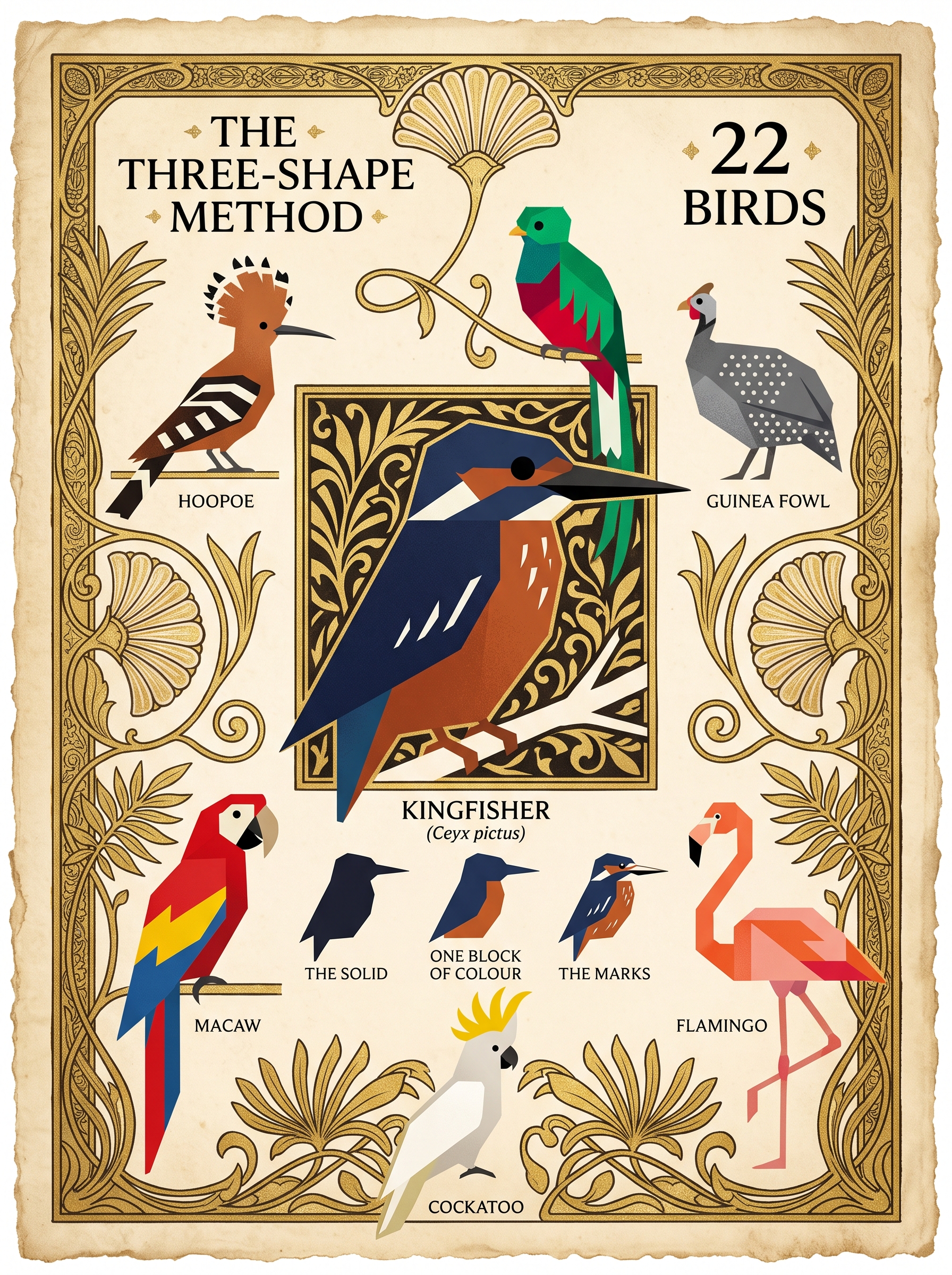 Bird sketching plate showing the three-shape method and 22 birds built from flat colour blocks