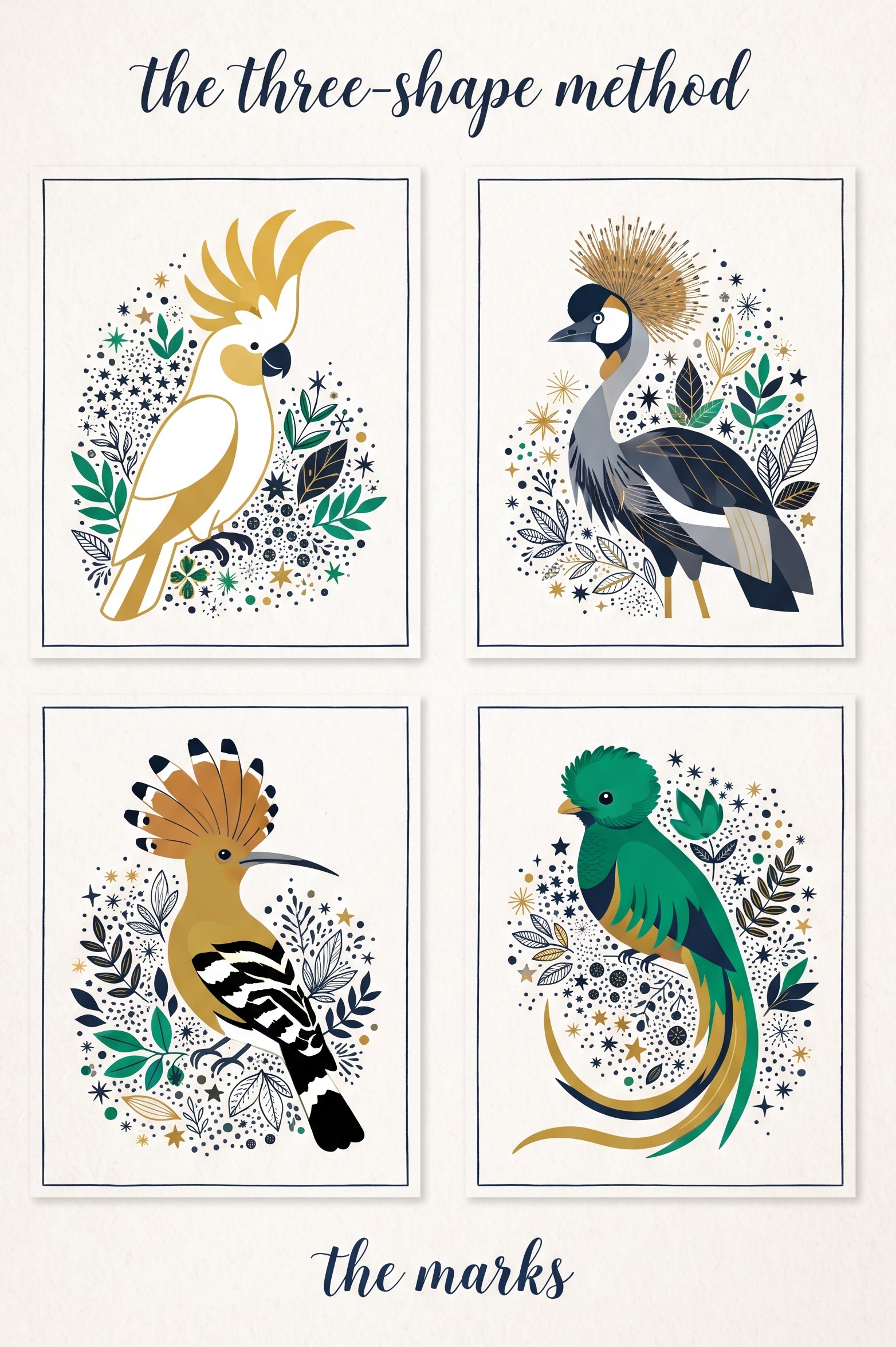 Bird sketching reference cards showing crests, crowns and tails drawn as single sweeps
