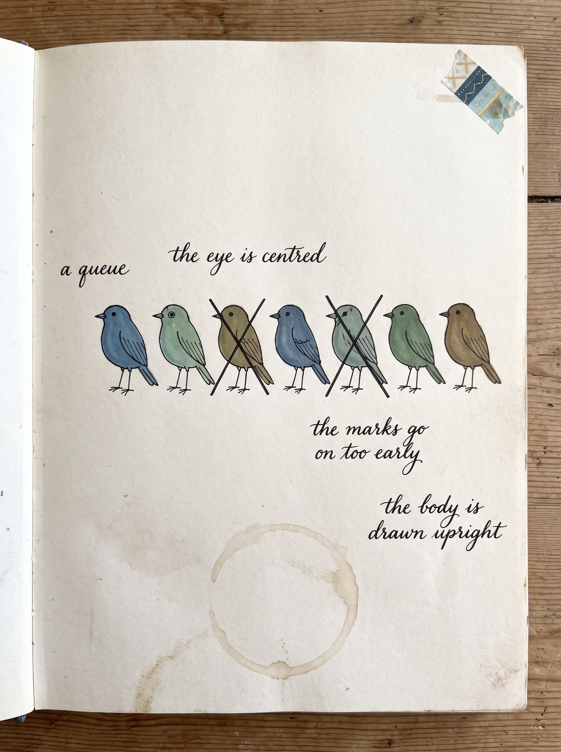 Artist journal page with handwritten notes about bird sketching mistakes and direction