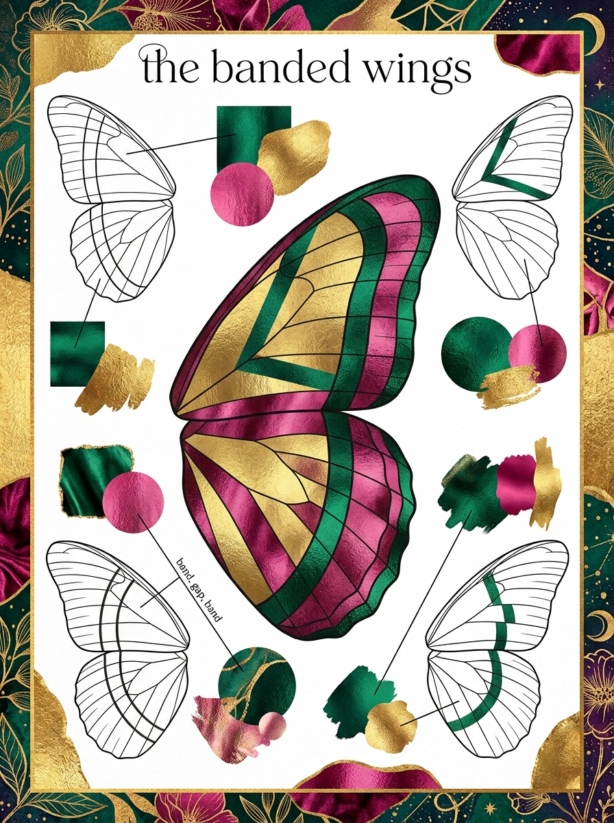 5 banded butterfly wing designs: 3 bands wide to narrow, a chevron, band-gap-band, a gradient band and an interrupted band