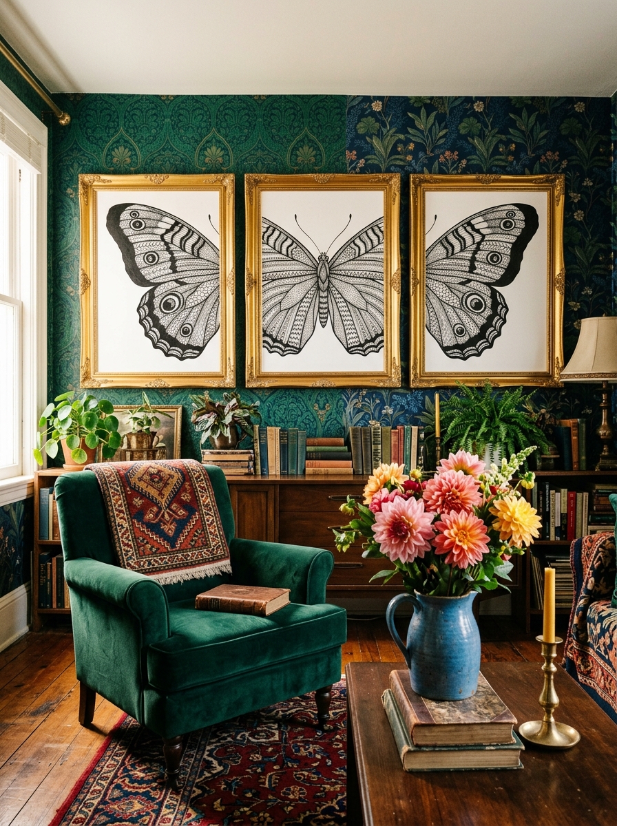 A row of framed butterflies filling a wall above a velvet armchair in a patterned room