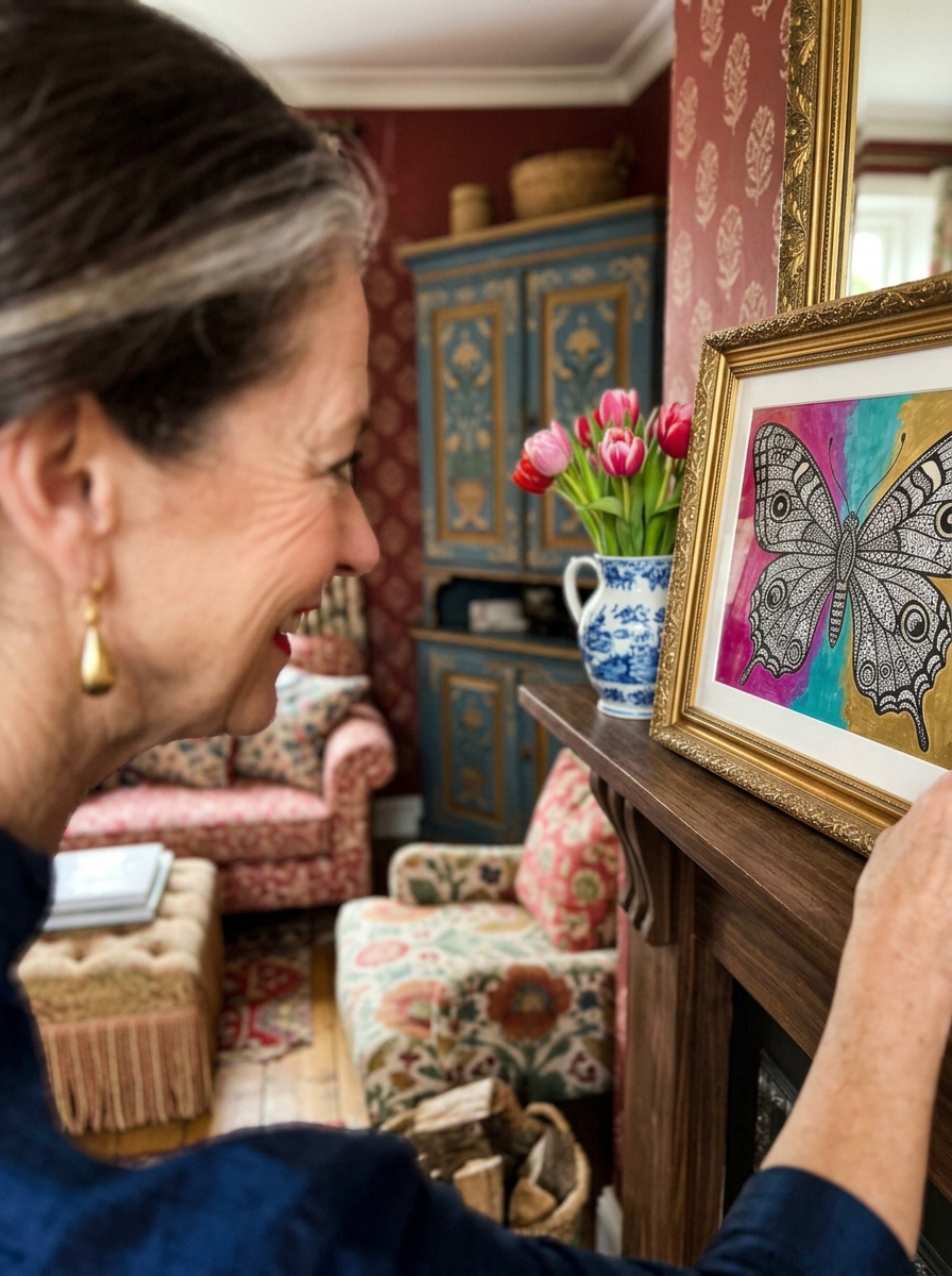 A finished butterfly framed on a mantel with someone leaning in to look at the wing detail