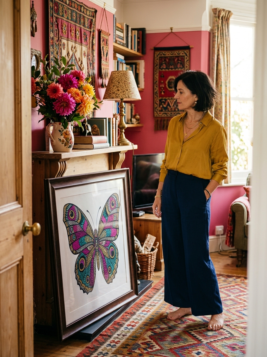 A finished butterfly in a wide frame propped on a mantel in a bright patterned room