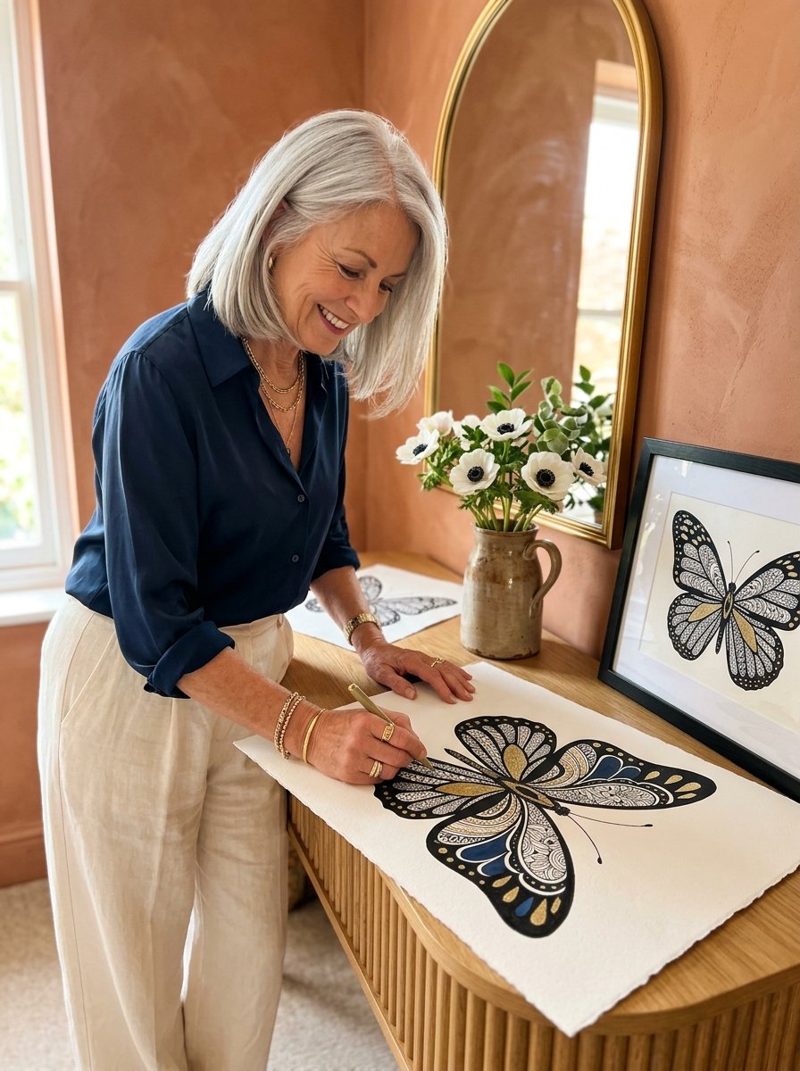A woman filling a large butterfly zendoodle in black, ink blue and gold at a console, one already framed beside her