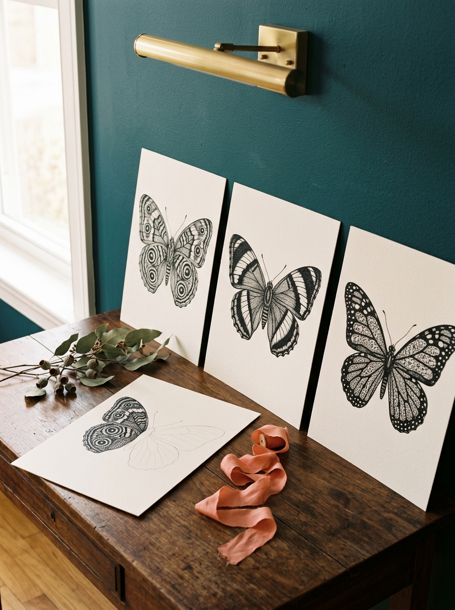 3 finished butterfly drawings propped on a walnut table beside a coral ribbon
