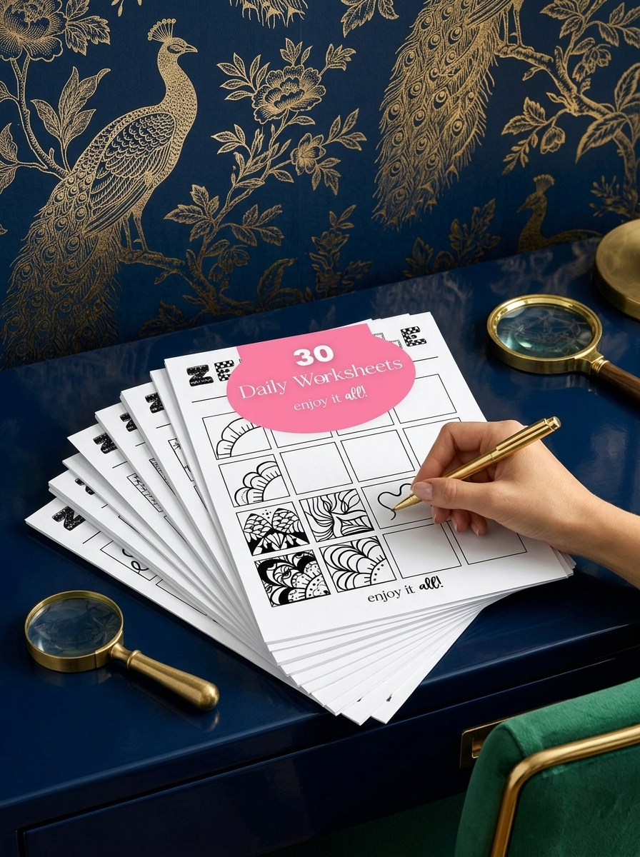 The Zen Doodle Toolkit cover showing pattern worksheets being drawn by hand