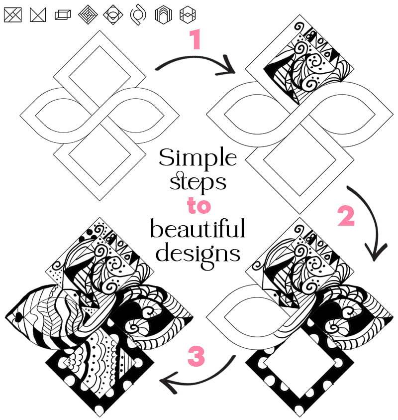 3 simple steps turning a plain shape into a filled zendoodle design