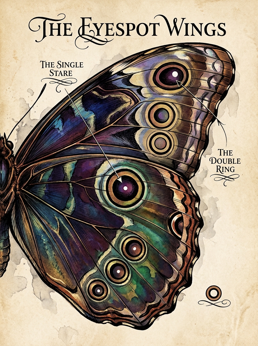 5 eyespot butterfly wing designs: one large stare, a row of 4, a blind eye, a double ring and one drifting off the wing edge