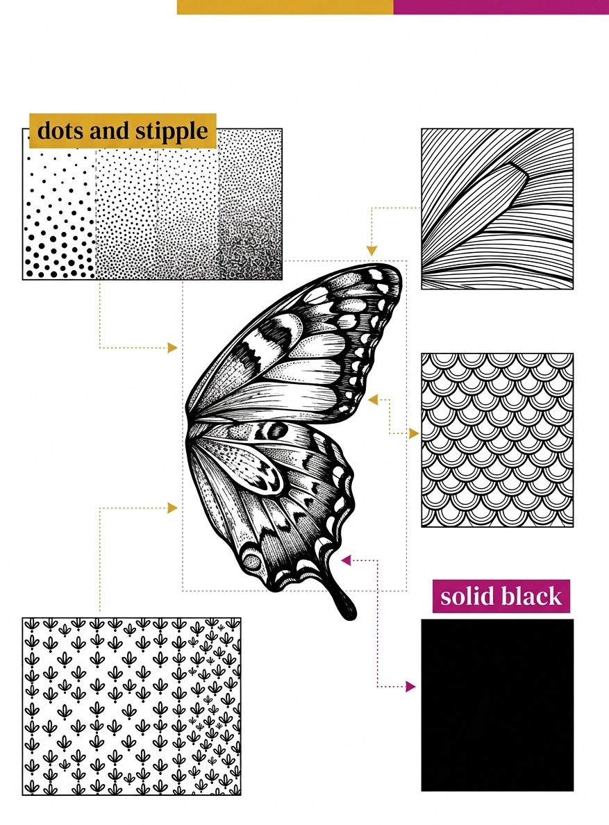 5 fill textures for butterfly wings: stipple, parallel lines, scallops, repeated motifs and solid black