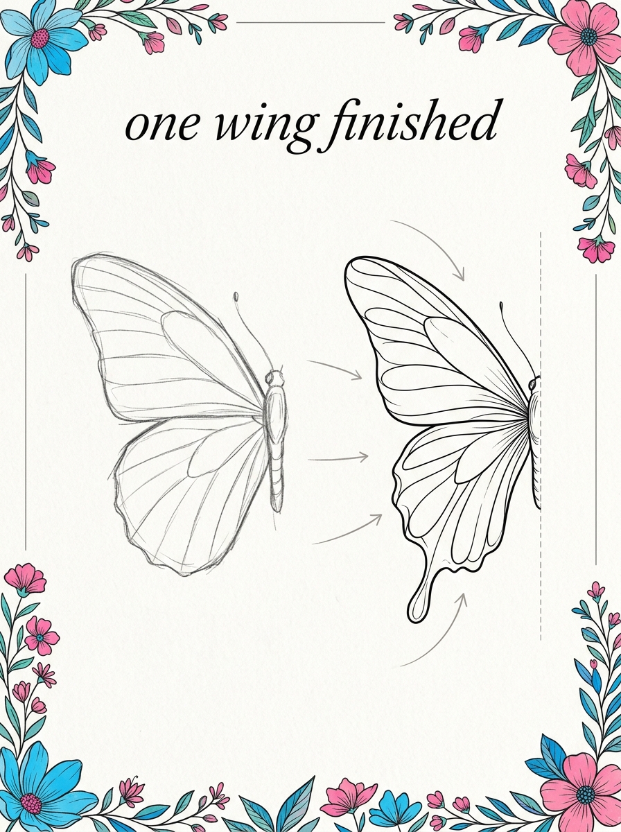 A butterfly wing drawn once then mirrored across the body line by folding the paper