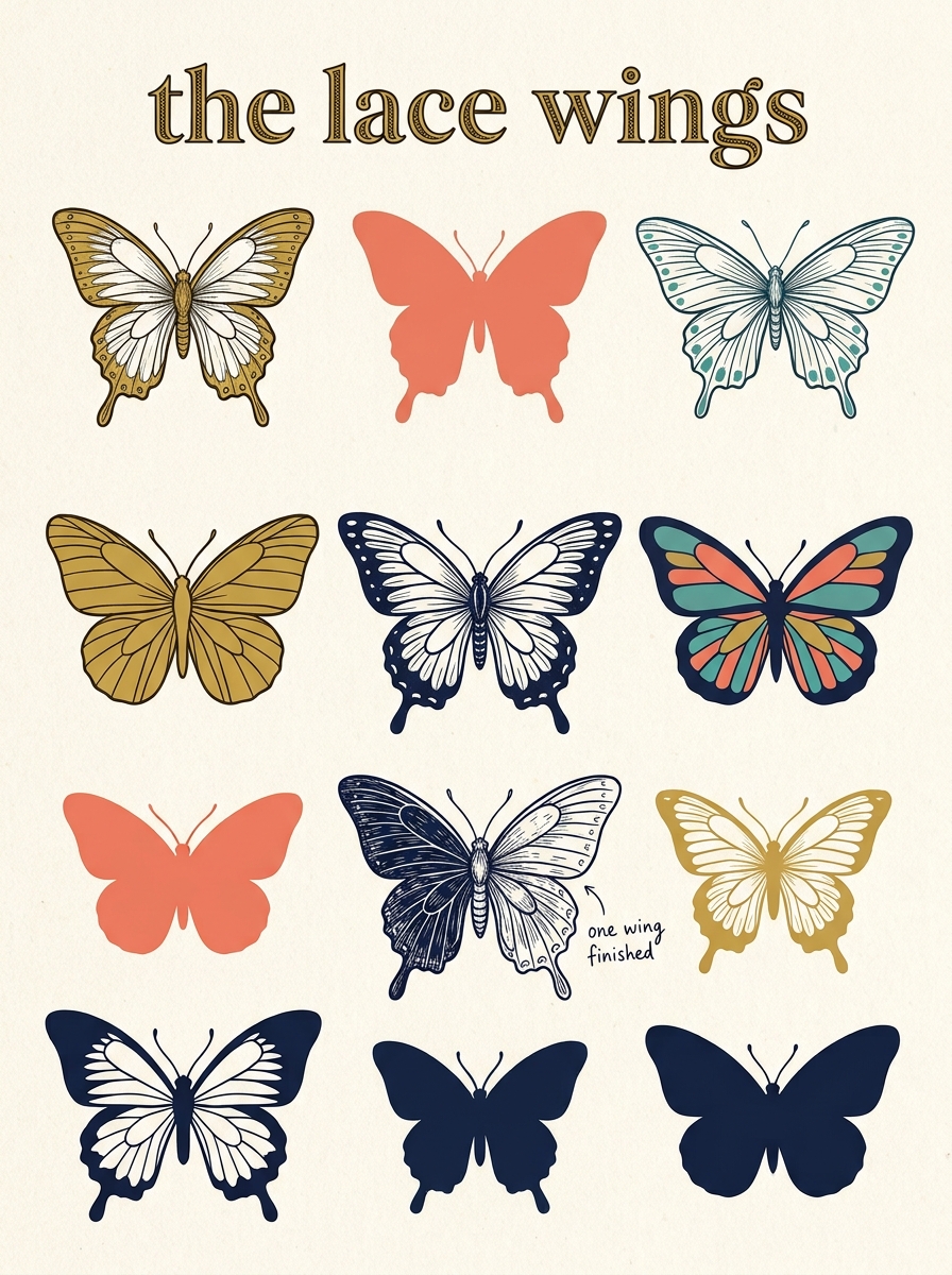 A large drawn butterfly with dense wing fills mounted in a plain frame on a wall