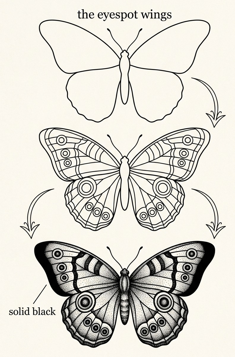 18 butterfly wing designs showing eyespots, bands, lace cells and solid black areas