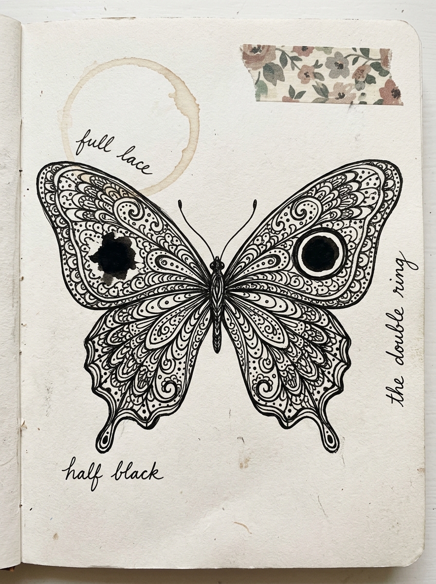 Artist journal page showing a butterfly wing where an ink blot was turned into a matching eyespot
