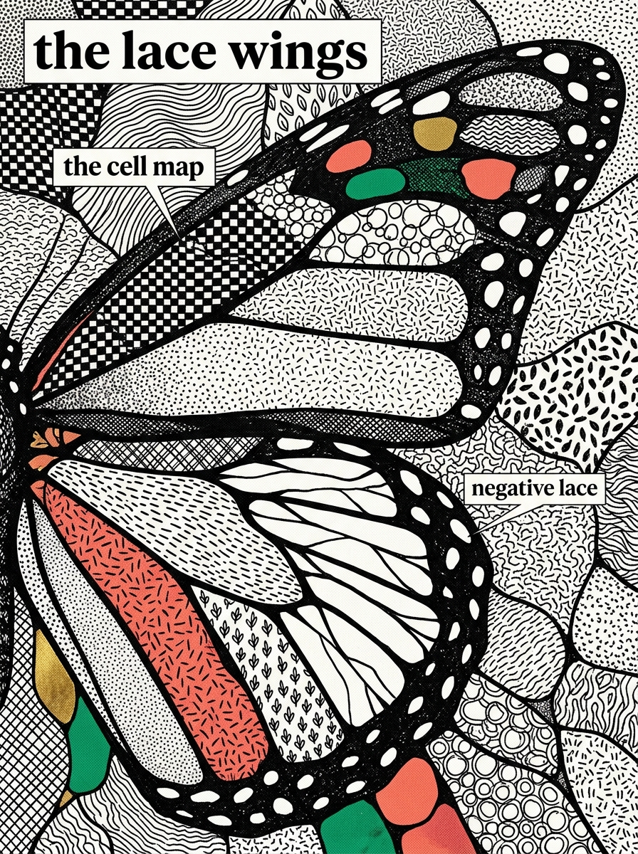 4 lace butterfly wing designs: the cell map, full lace, lace at the edges only and negative lace