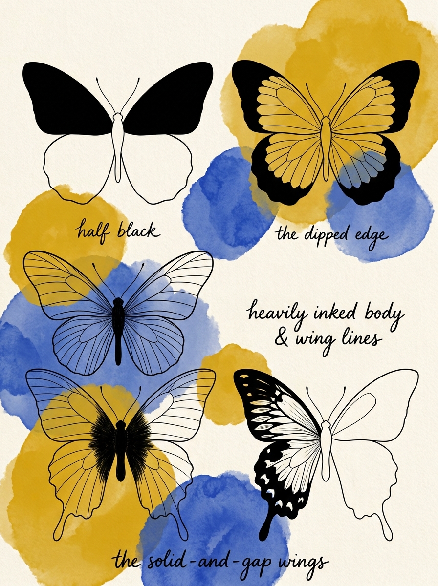 4 solid-and-gap butterfly wing designs: half black, the dipped edge, solid body with open wings, and one wing left as bare outline
