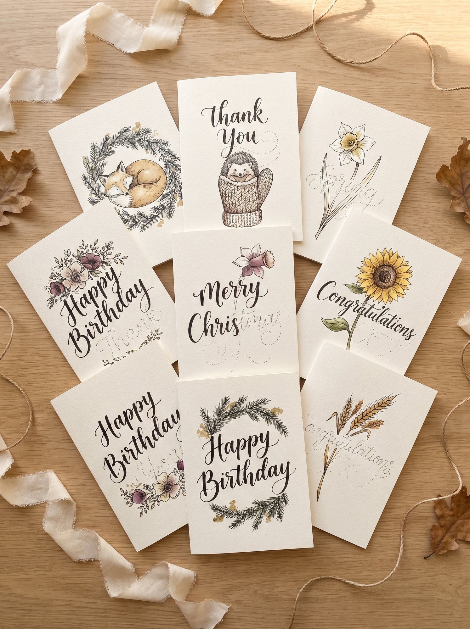 Nine finished hand drawn cards fanned on a table showing Happy Birthday, Thank You, Merry Christmas and Congratulations across all four seasons, each phrase half inked and half dotted to trace