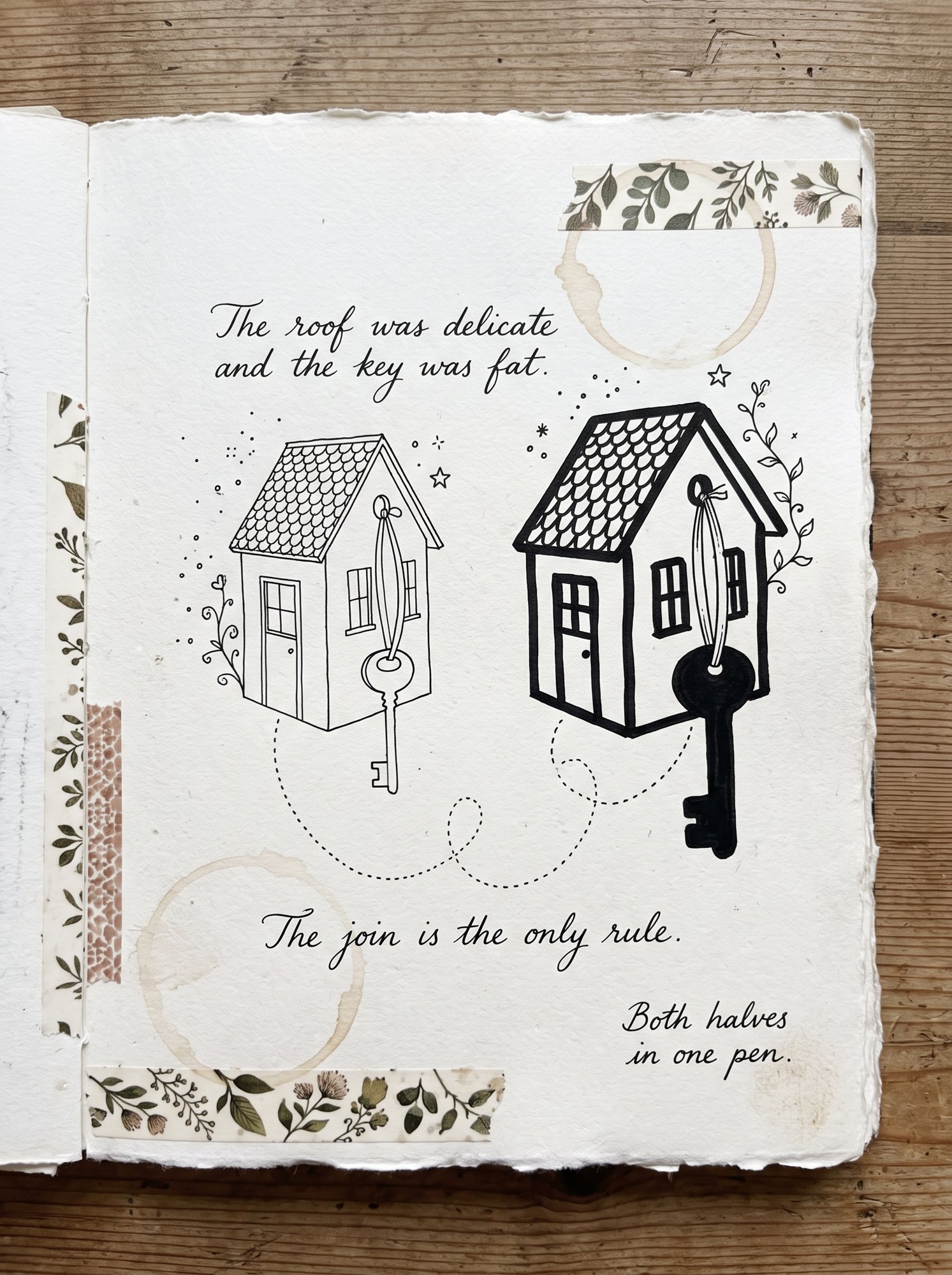 An artist journal page comparing the same little house card drawn with a fine pen and a thick pen, with handwritten notes about matching the join