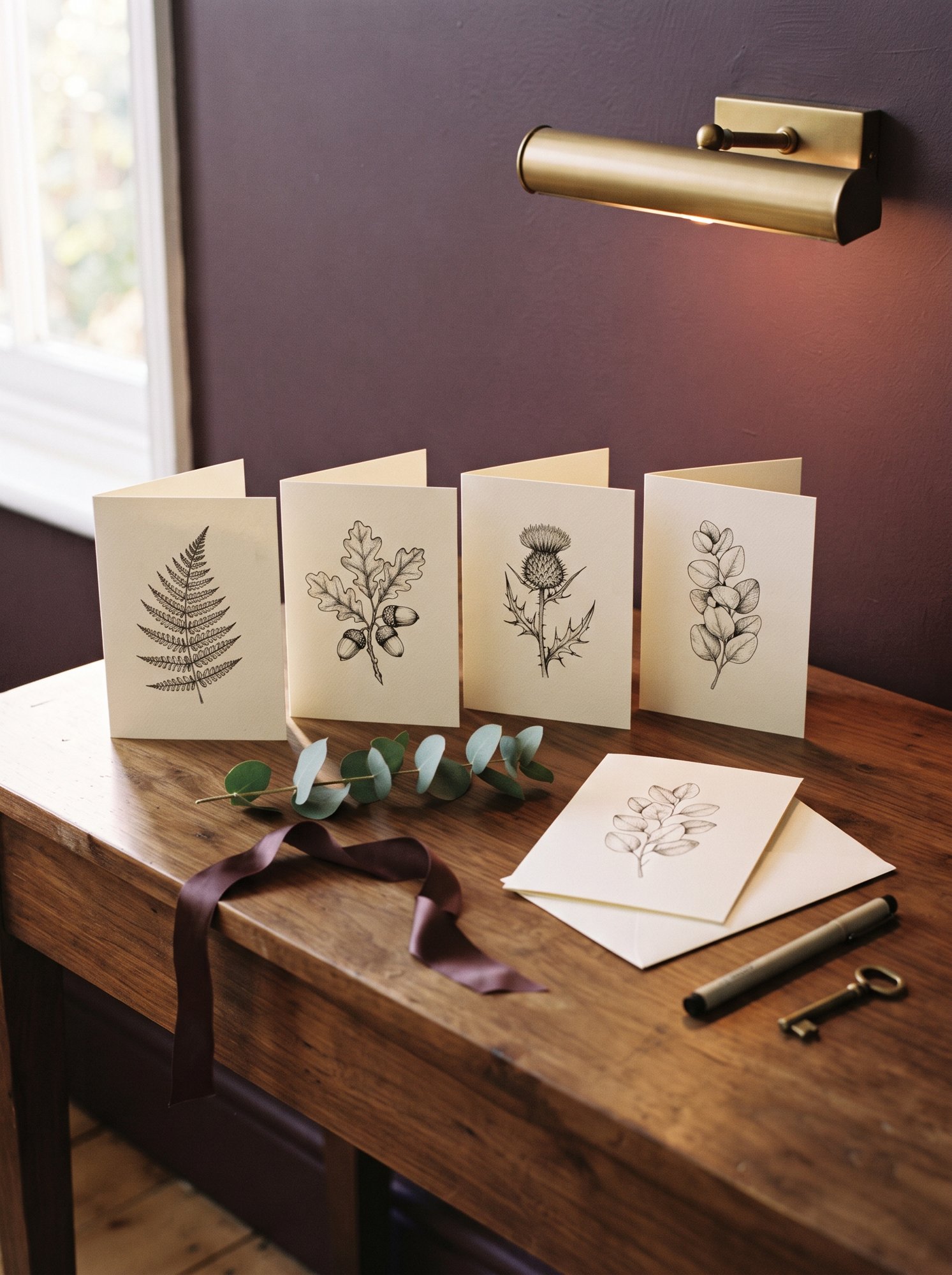 Four finished hand drawn botanical greeting cards standing on a walnut writing desk beside an envelope, a pen and a brass key