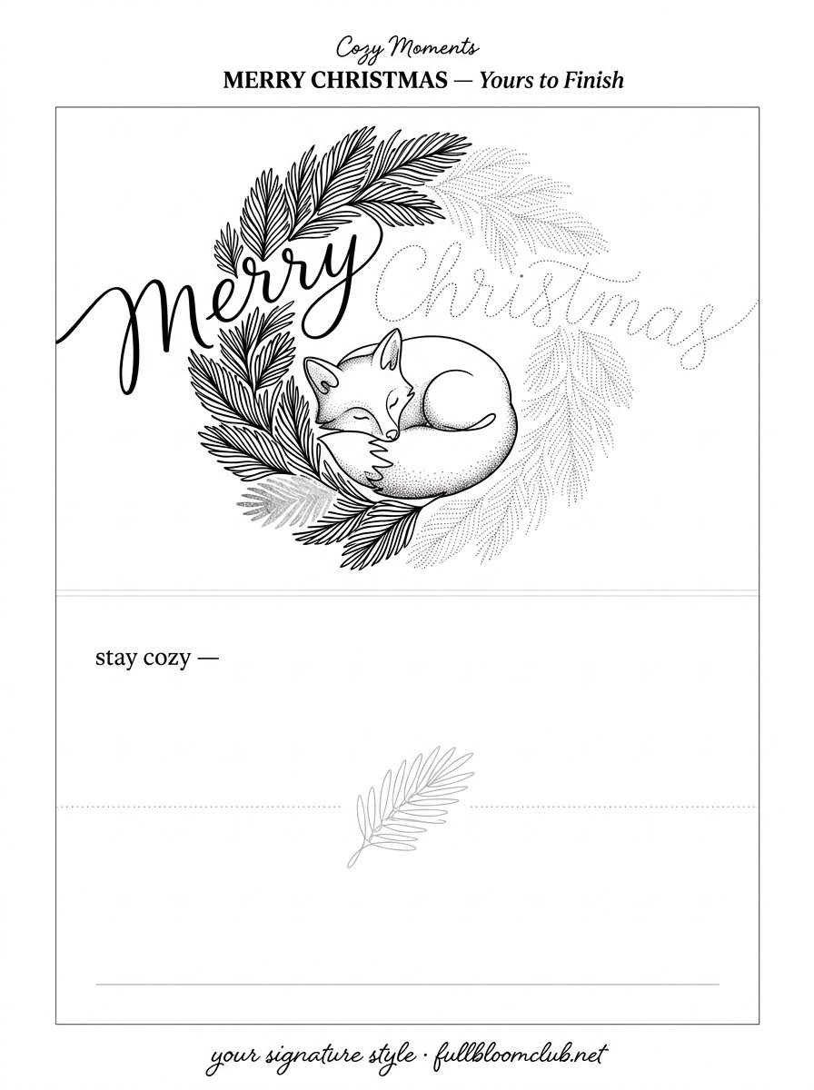 A winter card drawing idea: a sleeping fox in a pine wreath, half the wreath inked and half dotted, with Merry solid and Christmas to trace