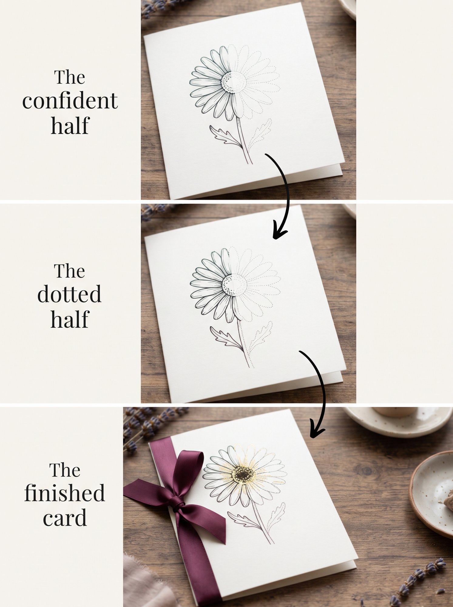 Card drawing ideas explained in three steps: the confident inked half, the dotted half, and the finished folded card tied with a plum ribbon