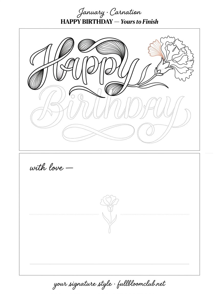 The free January carnation birthday card sheet, with HAPPY inked solid and BIRTHDAY waiting in dotted outline to trace
