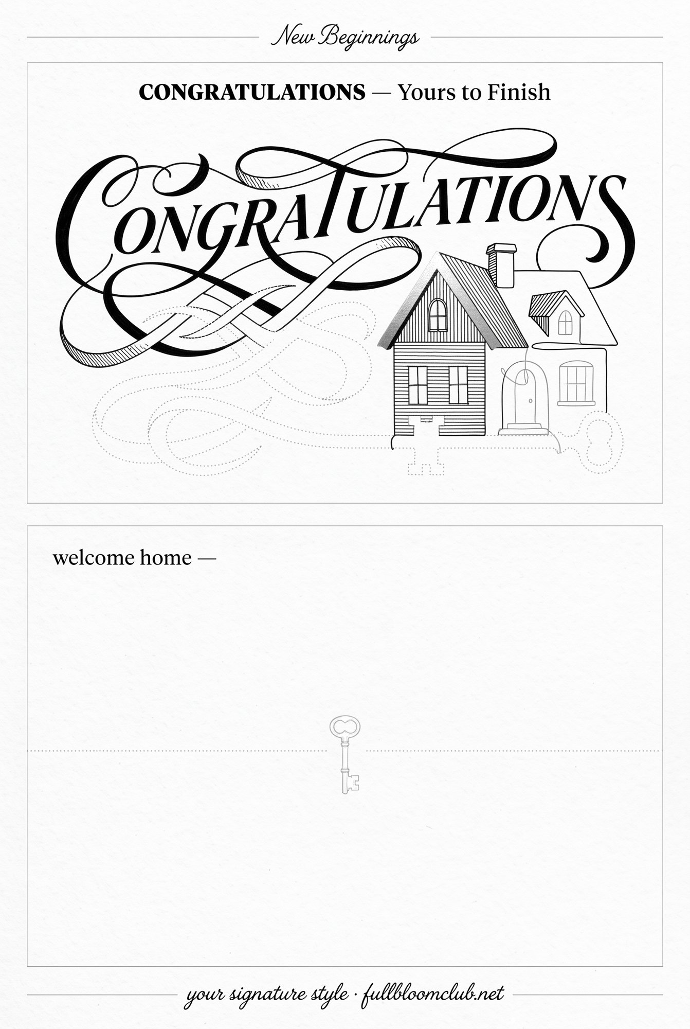 A new home card drawing idea with Congratulations in solid calligraphy, a little house, and a dotted ribbon trailing from the key