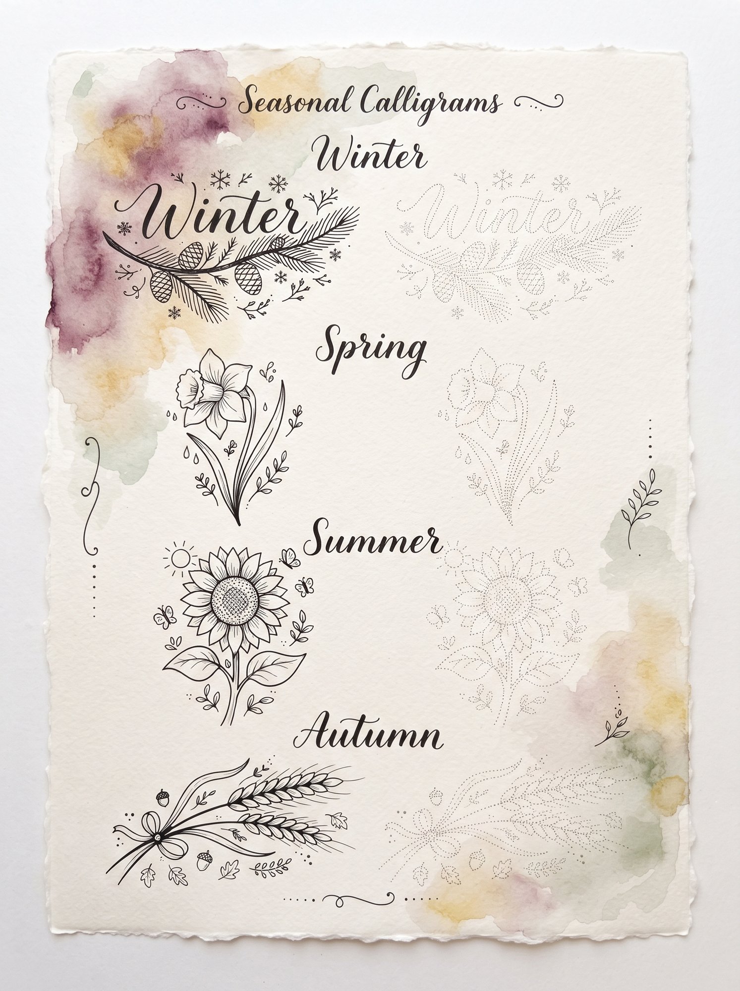 Seasonal lettering sheet with Winter, Spring, Summer and Autumn drawn twice each, once in solid ink and once in dotted outline to trace