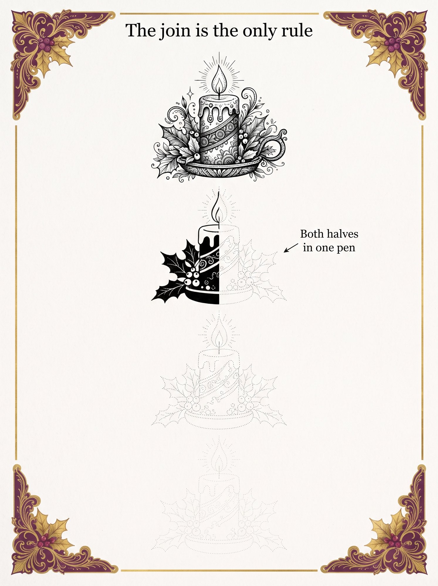 A tracing fade sheet showing a lit candle with holly repeated four times, from full ink down to the faintest dotted outline