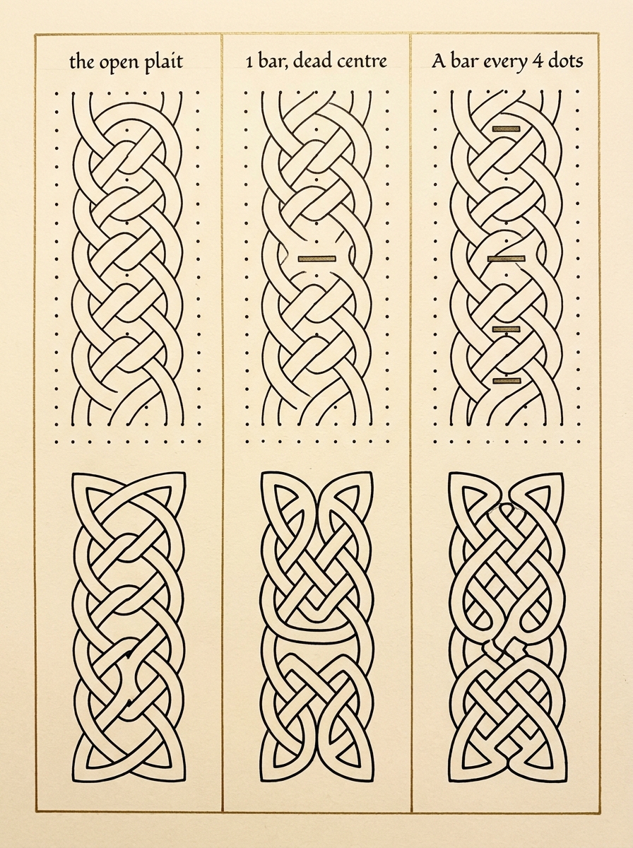 3 Celtic plaits with a bar in a different position each time and the different knot each one produces