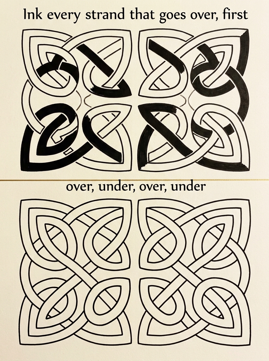 Celtic knot inked overs first, then the finished knot with every crossing weaving correctly