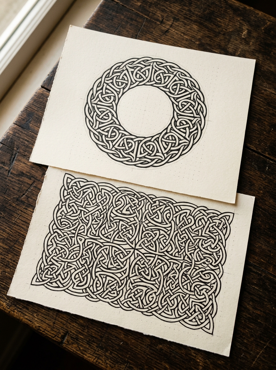A finished Celtic ring knot and a Celtic panel drawn in ink on cream paper on a wooden table