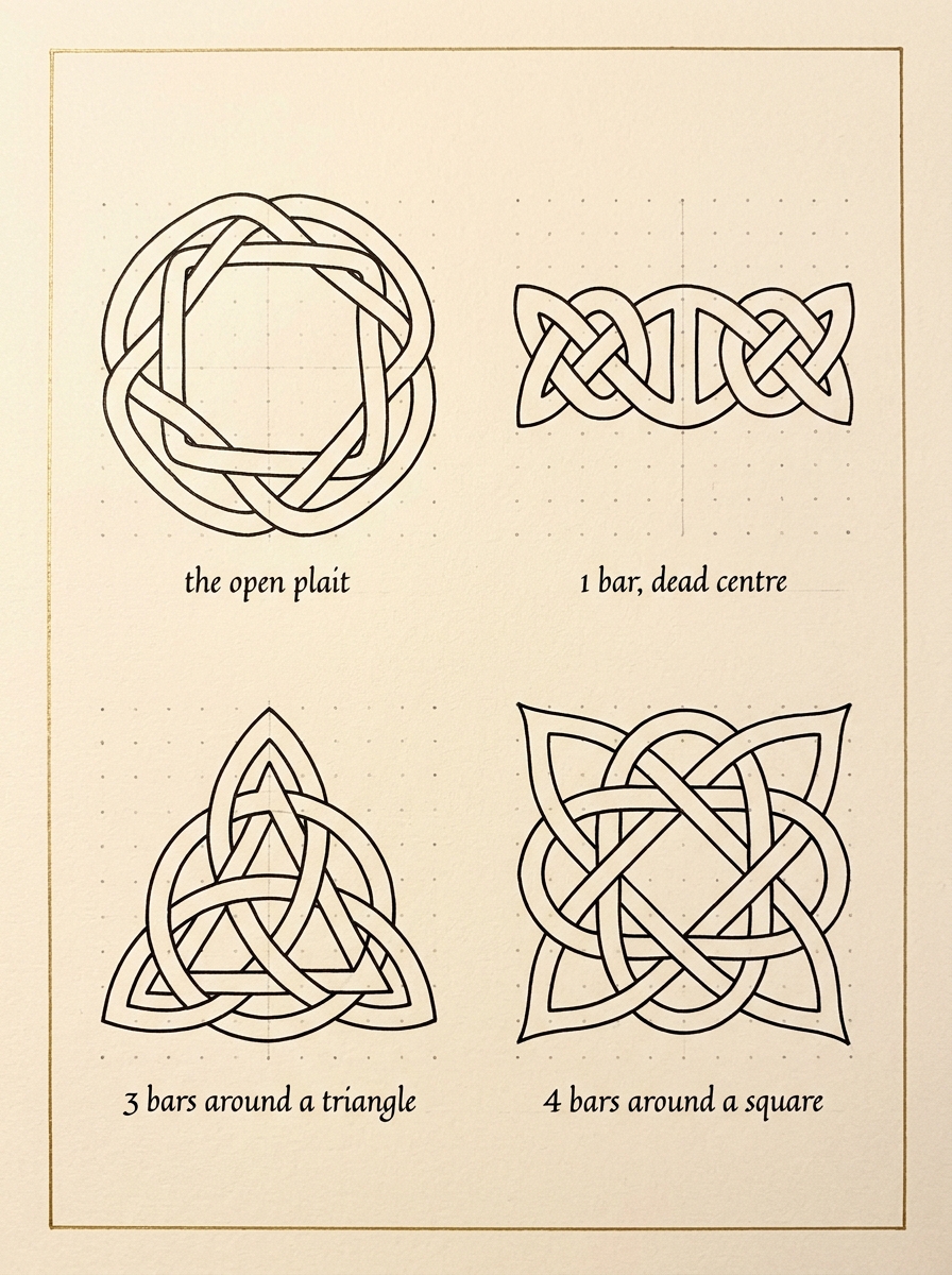 4 finished Celtic knots on a faint dot grid: open plait, single bar, triquetra and square knot