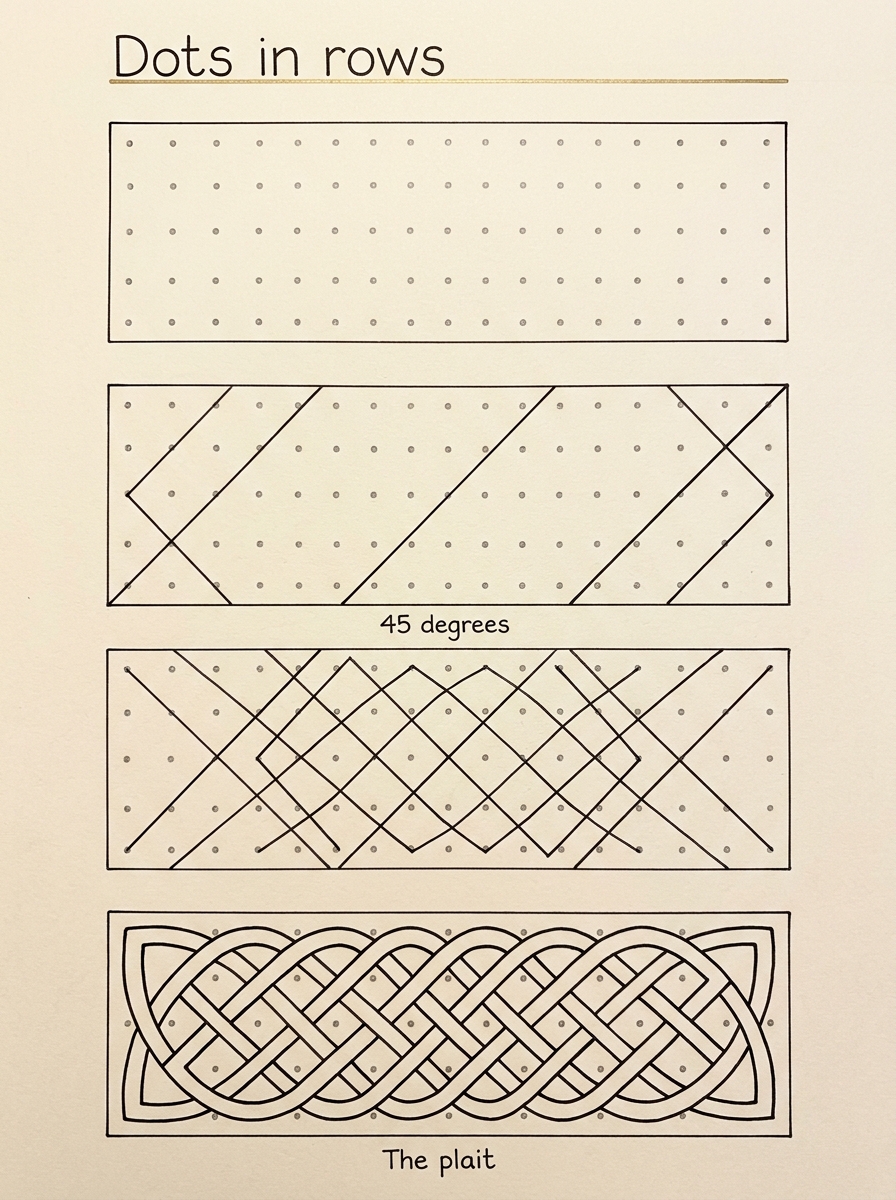 How to draw Celtic knots in 4 stages, from a bare dot grid to a finished inked knot