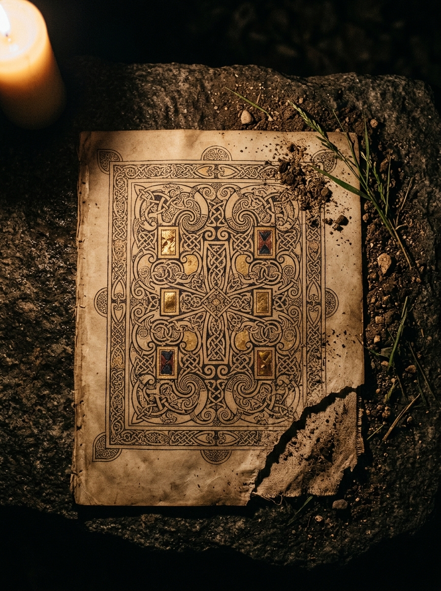 An ancient illuminated manuscript page covered in Celtic knotwork and gold leaf, lit by one candle on dark stone with loose earth along the torn edge