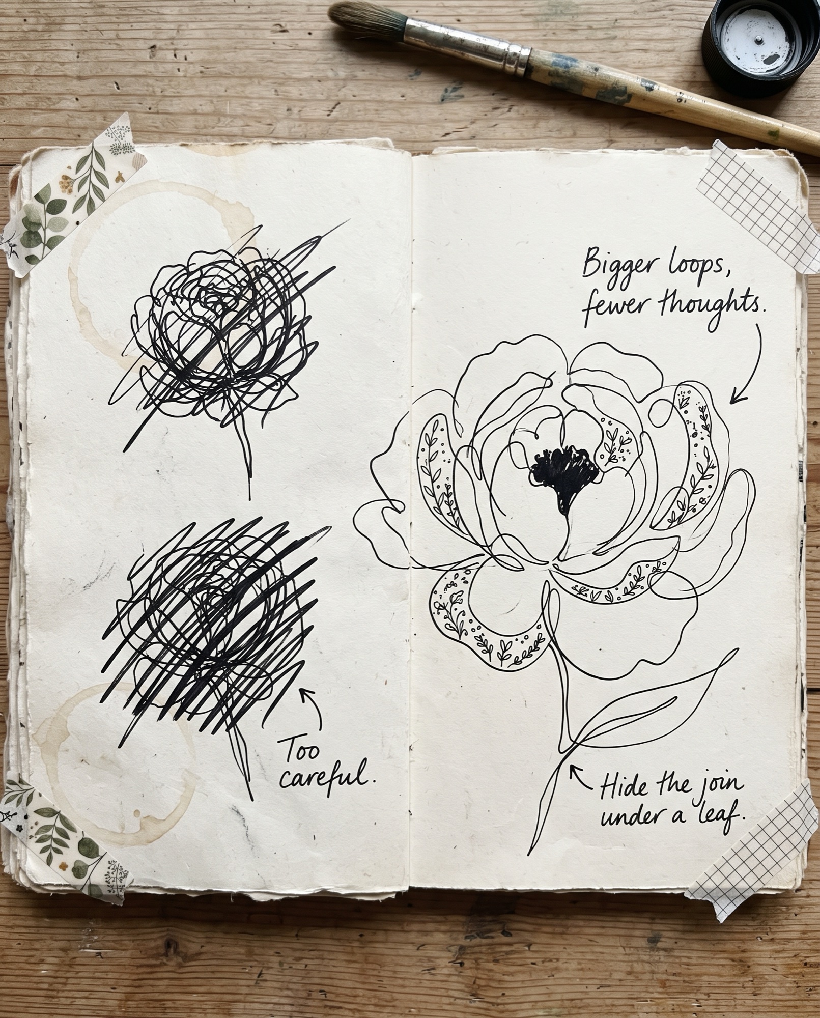 Artist journal page of one line drawing peony attempts with margin notes