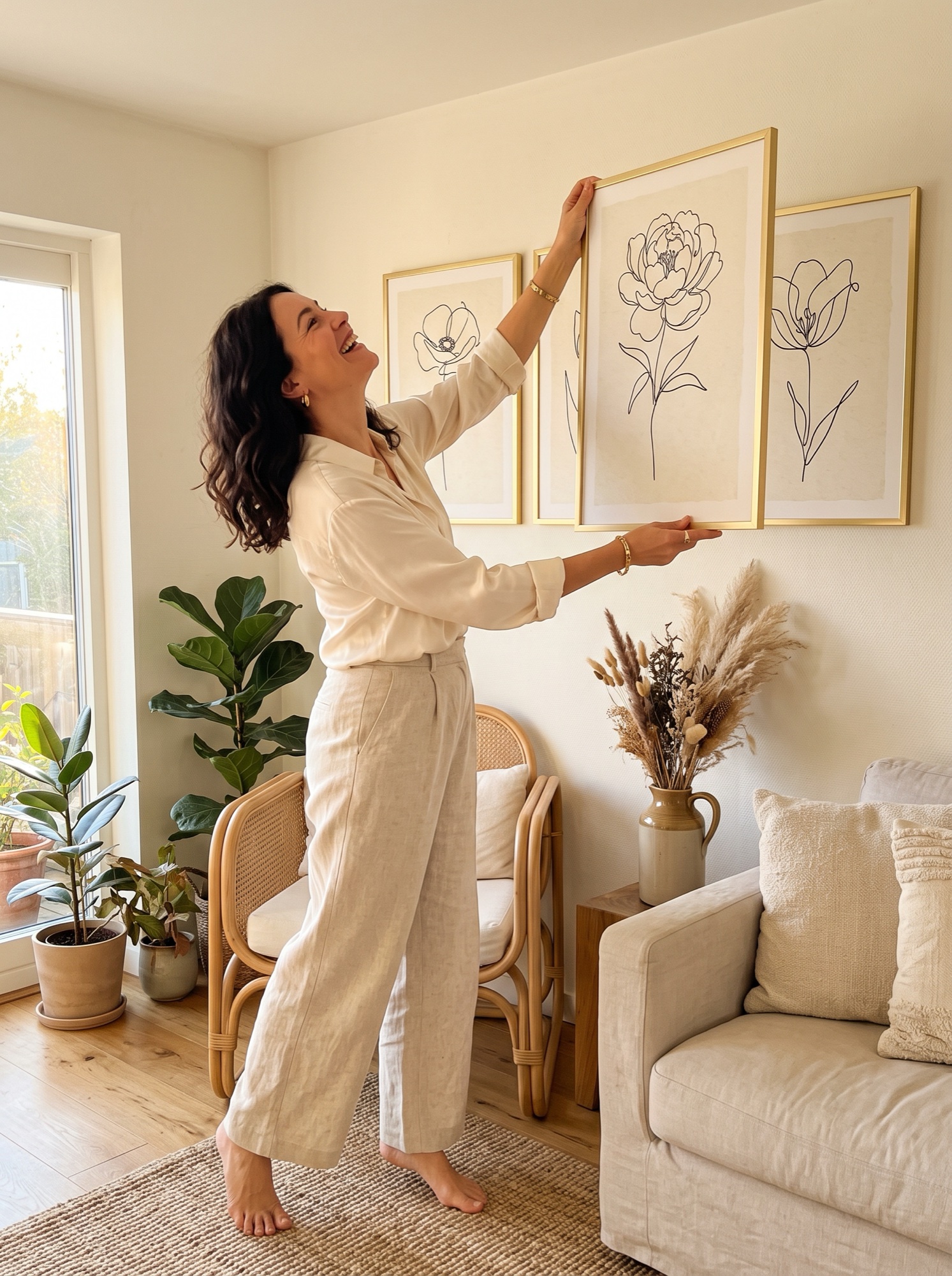 One line drawing flower prints framed in gold and hung as a wall trio at home
