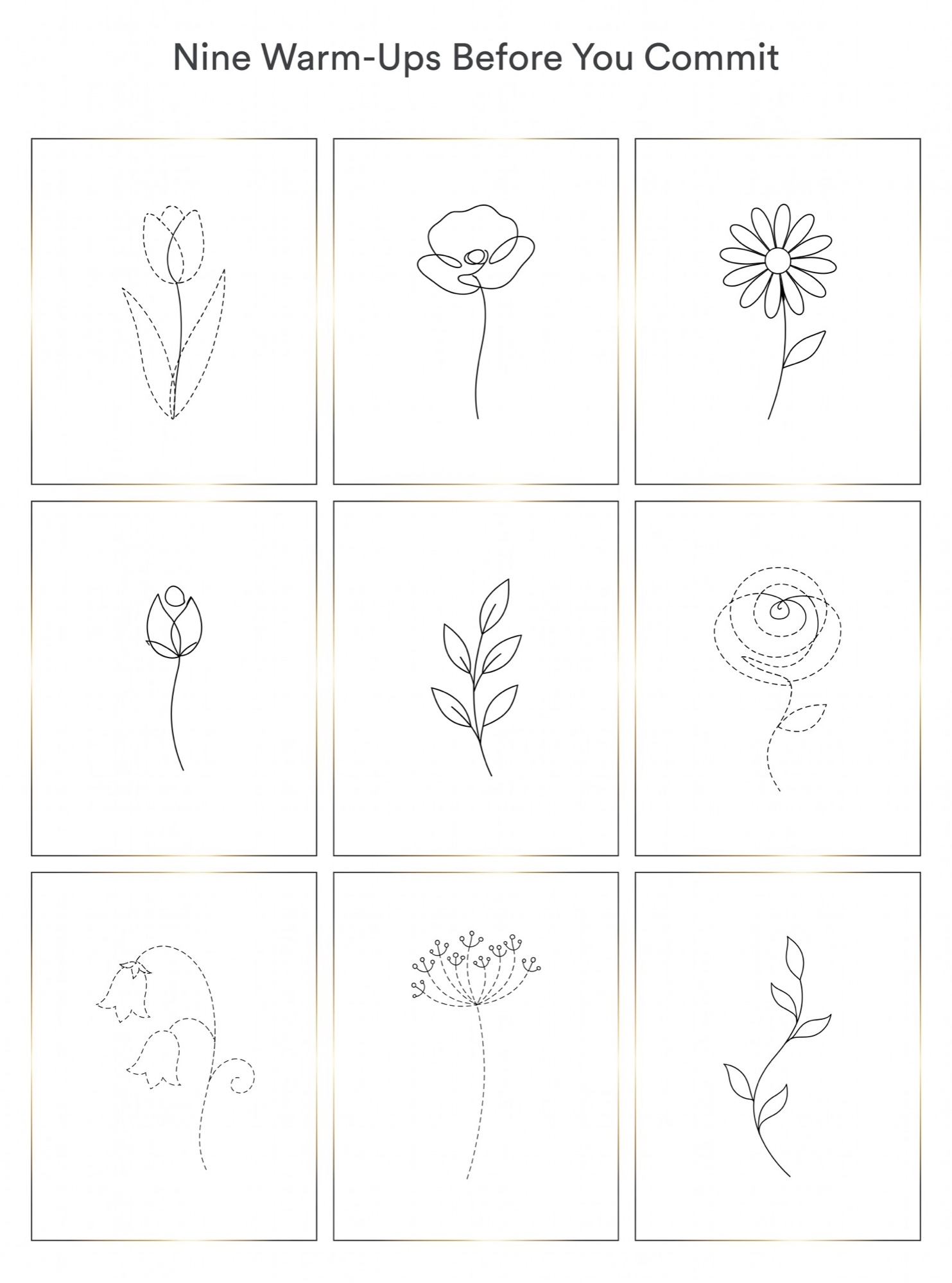 Nine one line drawing flower warm ups with dashed tracing lines