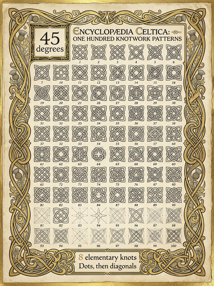 Encyclopaedia Celtica plate: 100 numbered Celtic knotwork patterns in black ink on cream parchment inside a gilded Art Nouveau border
