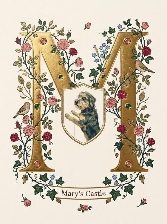 A gilded monogram M wound with roses, the dog on a shield at its centre, ribbon reading Mary's Castle