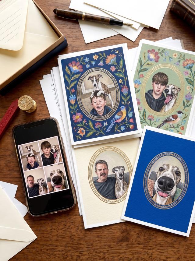 Printed portraits on a desk beside an envelope
