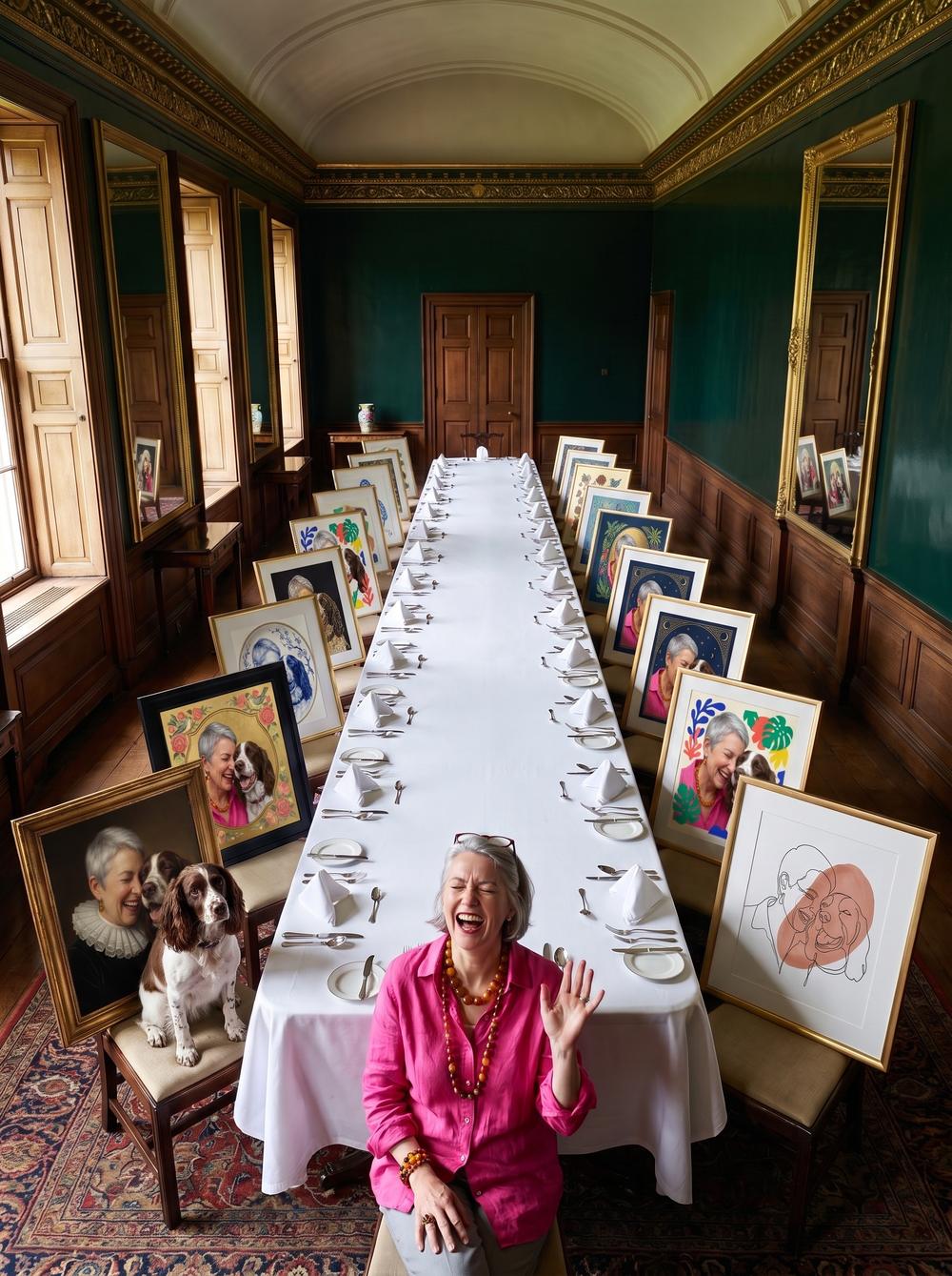 A laughing woman at the head of a long banqueting table, the finished portraits propped on every chair like guests who arrived together